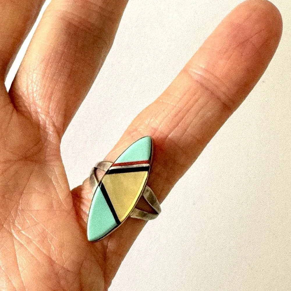 VTG Navajo Marquis Turquoise MOP Ring Sz 5 Sterling 60s Old Inlay‎ Native Amer